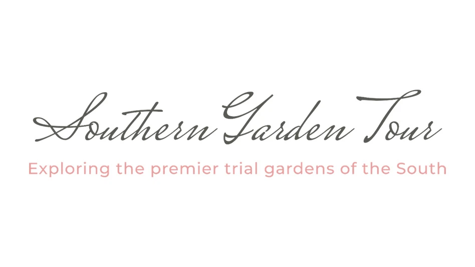 A graphic with gray and pink cursive text on a white background reads Southern Garden Tour Exploring the premier trial gardens of the South.