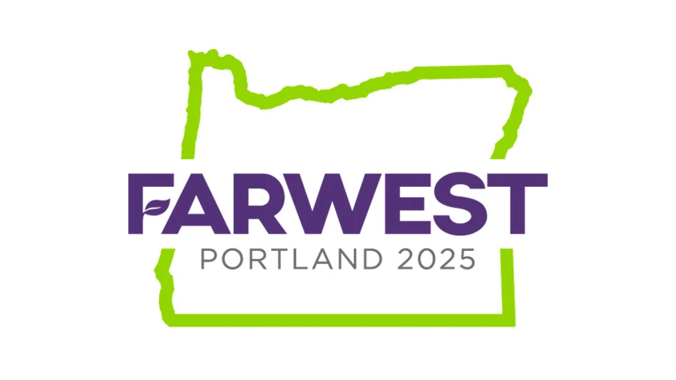 A logo reads Farwest Portland 2025 in purple text with a lime green outline of the state of Oregon surrounding the text.